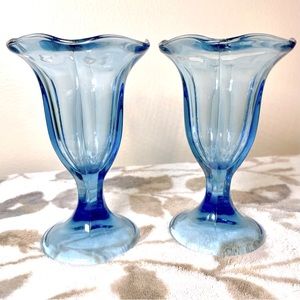 🍦 Two Vintage Blue Glass Ice Cream Sundae Parfait Glasses